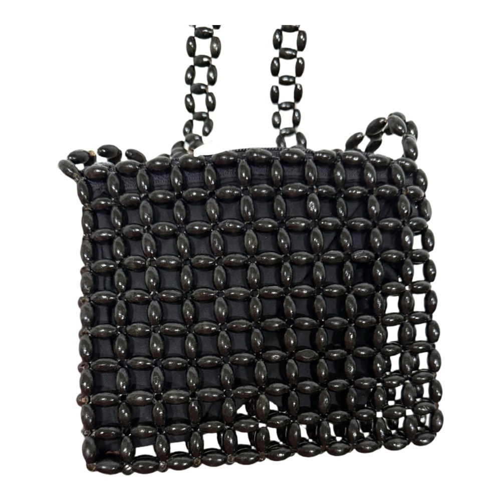 Giannini Vintage Black Wooden Bead Cross Body Bag Cloth Lined Boho Coastal
